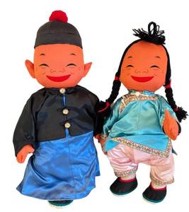 lot 95D image: DR - Vintage Chinese Couple Plush Dolls - 16 in Tall - Satin & Silk Costumes (Lot of 2)