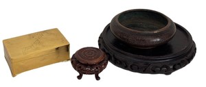 lot 105D image: Asian Vintage Trio Wooden Stands, Brass Tebako Box, Cloisonn Water Bowl