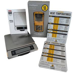 lot 116D image: OXO Good Grips 11-lb Kitchen Scale & ChefAlarm Thermometer - 4 Meat Temp Magnets (Lot of 4)