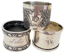 lot 129D image: Antique Sterling Silver Napkin Rings - Repouss Detail - 3-Piece Set (Lot of 3)