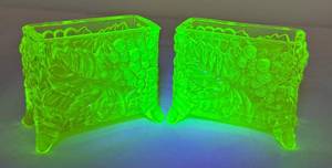 lot 163D image: Boyds Glass Uranium Glass Business Card Holder Pair - Antique Grapes & Leaves Pattern