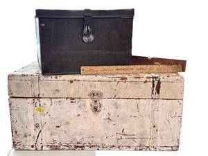 lot 164D image: DR - Vintage White Wooden Chest with Patina & Metal Bin & Minnesota Supply Co. Ruler