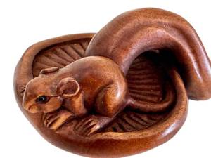 lot 168D image: DC1 - Vintage Japanese Netsuke Mouse on Mushroom - Hand-Carved Wood, About 2 in Long