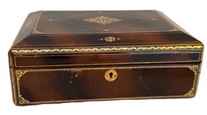 lot 175D image: DR - Vintage Brown Leather Jewelry Box - Gold Tooling, Key Lock