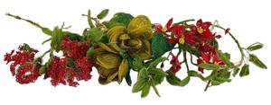 lot 180D image: Beaded Floral Garland - Red & Pink Seed Bead Vine with Green Leaves (Handmade)