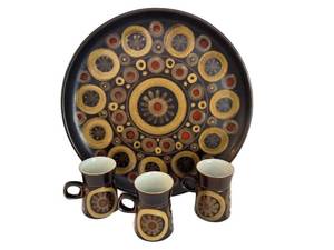 lot 27D image: LR - Denby Arabesque Platter and Three Mugs Vintage Mid-Century Modern