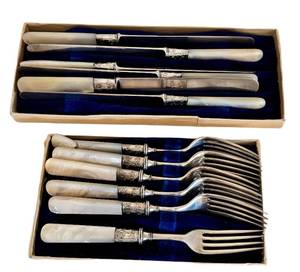 lot 65D image: Rogers Bros 1847 Quadruple Plate Mother-of-Pearl Flatware - Forks & Knives with Sterling Monograms