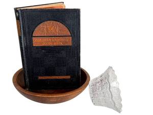 lot 137D image: Vintage Wooden Bowl, 1940s Household Searchlight Recipe Book Cut Glass Candy Bowl