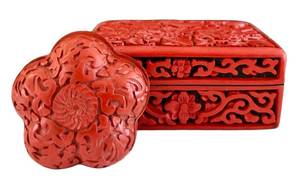 lot 143H image: LR - Cinnabar 2-Piece Carved Lacquer Trinket Boxes - Floral Relief, Red