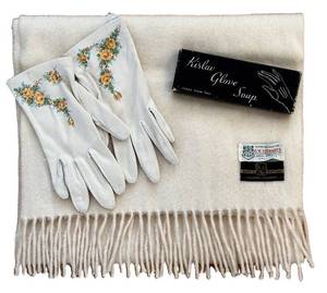 lot 380H image: LR - DW Stewarts Kashmir Scarf 72-Inch 100% Cashmere - Vintage Gloves & Kislaw Glove Soap