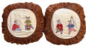lot 156H image: DR - Pair of Vintage Embroidered Chinese Silk Cushions  Pillows