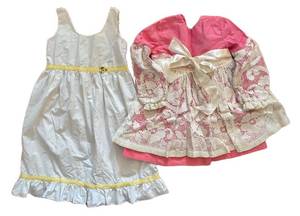 lot 282H image: H - Two Vintage Childrens Dresses - White Satin with Gold Ribbon & Pink Lace Overlay