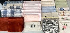lot 344A image: LR - Table Linens - Assorted Napkins & Tablecloths in Pink, Floral & Blue