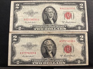 lot 13 image: 1953 A Red Seal $2 Dollar Notes Double and Triple Numbers