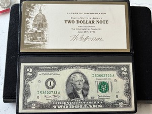 lot 98 image: 2003 Green Seal $2 Dollar Note Uncirculated