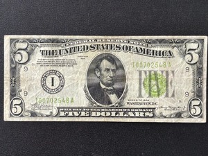 lot 24 image: 1934 Green Seal $5 Dollar Federal Reserve Note LOW Serial Number