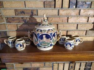 1950s Gerz Castles on the Rhine German Stoneware Punchbowl & Cup Set