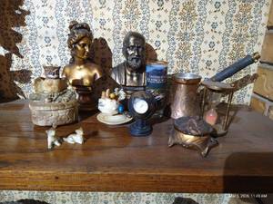 Misc. Decor Lot - Figurines, Engraved Coffee Pot with Handle, Etc.
