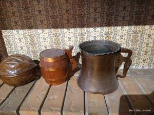 Walnut Bowl, Barrel Cup (Copper), and 6 Tall Pitcher