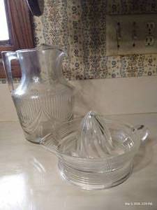 1910s - 1920s Early American Glass Pitcher Rib Over Drape Pattern & 1930s Lemon Juicer Criss Cross Pattern