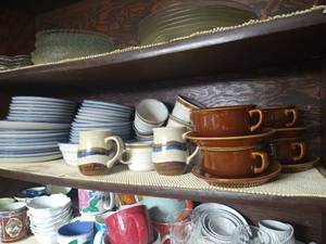 Shelf of Stoneware - Mikasa Blue Hill Plates & Cups & Other Mugs & Bowls