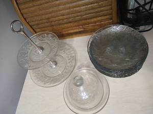 Small, 2-Tiered Snack Tray, CheeseButter Cloche, & (8) Salad Plates