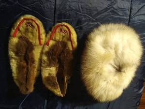 Leather and Fur Moccasins & Fur Cap