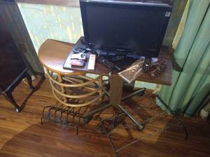 TV With Rolling Table, Shelf, Shoe Racks, & Cell Phones