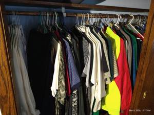 Contents of Closet - Dress Shirts, Sweaters, Polo Shirts, Sleeping Bag
