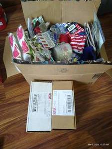Box of Giveaway Items, Socks, Shirts