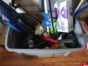 Tote of Cleaning Tools & Canes