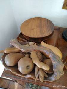 Wooden Basket with Wooden Fruit, Plates, & Trays