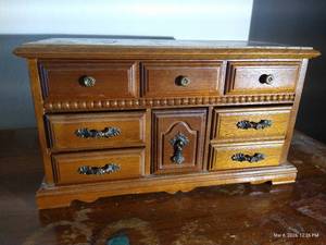 Wooden Jewelry Box & Contents