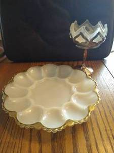 Vintage Glass Deviled Egg Plate & Footed Lotus Dish