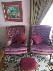(2) Upholstered Chairs with Throw Pillows, Framed Picture, & Footstool
