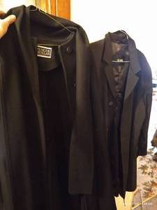 Ladies Size L Black Trench Coat, & Black Spencer Douglas Coat with Cape Sleeves
