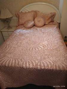 Pink Queen-Sized Bedspread, (2) Pillow Shams, & (2) Round Pillows