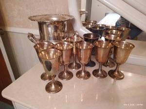 Silver-Plated Ice Bucket, (8) Matching Goblets, & (1) Unmatched Goblet