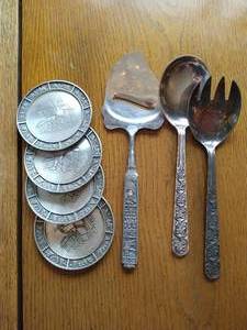 Norwegian Pewter Coasters, Cheese Slicer, & Serving SpoonFork Set