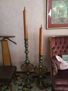 Etched Brass Floor Candle Holders with Wooden Decorative Candles