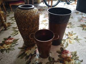 Tall Bamboo Woven Basket & (2) Metal Decorative Vases
