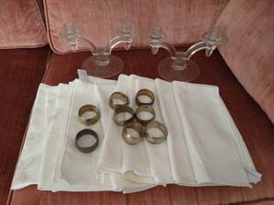 Glass Candlesticks, Cloth Napkins, & (silver-plated) Napkin Rings