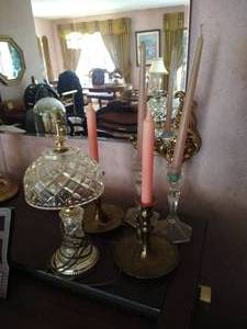 (2) Brass Candlesticks with Snuffers, Cut Glass Lamp, & (2) Glass Candlesticks