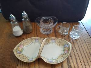 Hand-Painted Dish from Silesia, Fostoria Top Hat Toothpick Holder, Etched Glass S&P Shakers, & Small Glass Mugs