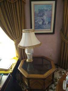 Octagonal Glass-Topped Occasional Table, Glass Lamp, & Framed Wall Art