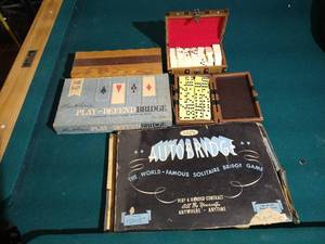 Vintage Game Lot - Cribbage, (2) Dominoes, Auto Bridge, & Play and Defend Bridge