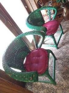 (2) Green Wicker Chairs with Cushions & Footstool with Cushion