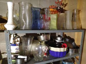 (2) Shelves of Vases, Pans, & Kitchen Tools