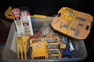 lot 138 image: Ziploc storage tote with Dewalt tou...