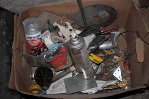 lot 308 image: Box of misc hand tools, hardware an...